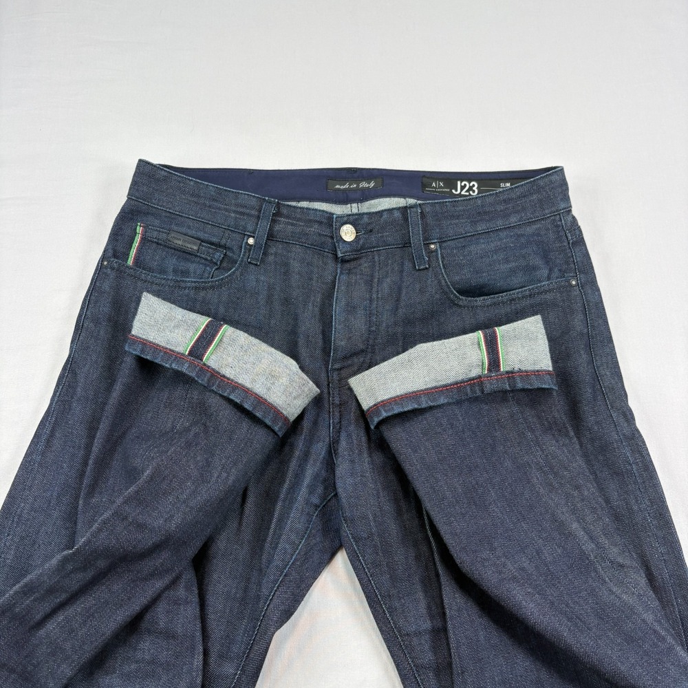 Armani Exchange Selvedge Jeans Mens 33x30 Blue Slim Dark Wash Denim Button Fly